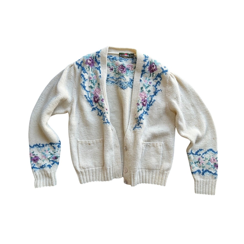 Outback Red Vintage 100% Wool Floral Embroidered Cardigan Sweater Cream Ivory M